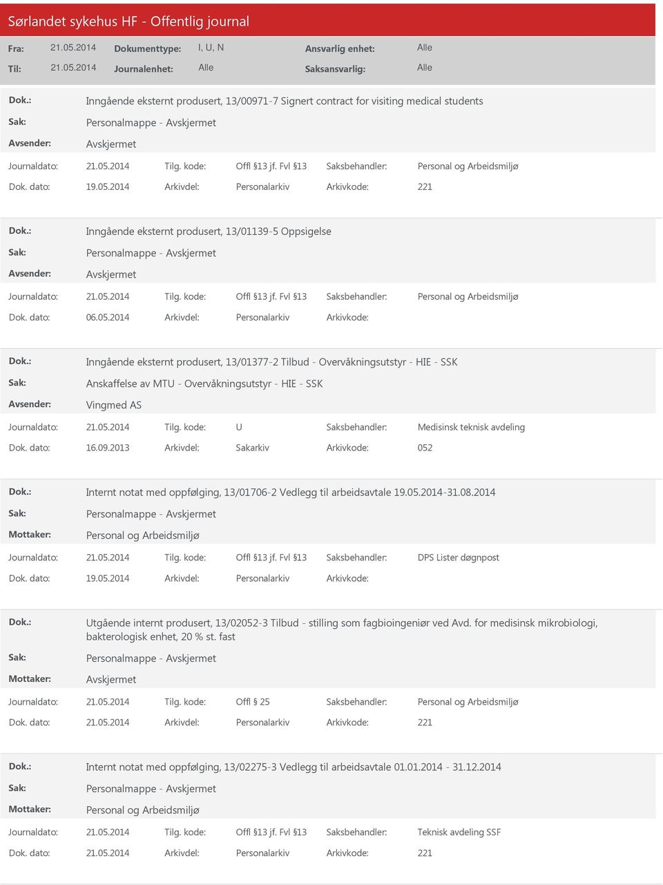 2014 Arkivdel: Personalarkiv Arkivkode: Inngående eksternt produsert, 13/01377-2 Tilbud - Overvåkningsutstyr - HIE - SSK Anskaffelse av MTU - Overvåkningsutstyr - HIE - SSK Vingmed AS U Medisinsk