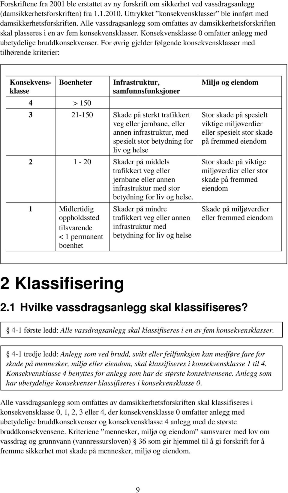 For øvrig gjelder følgende konsekvensklasser med tilhørende kriterier: Konsekvensklasse Boenheter 4 > 150 Infrastruktur, samfunnsfunksjoner 3 21-150 Skade på sterkt trafikkert veg eller jernbane,