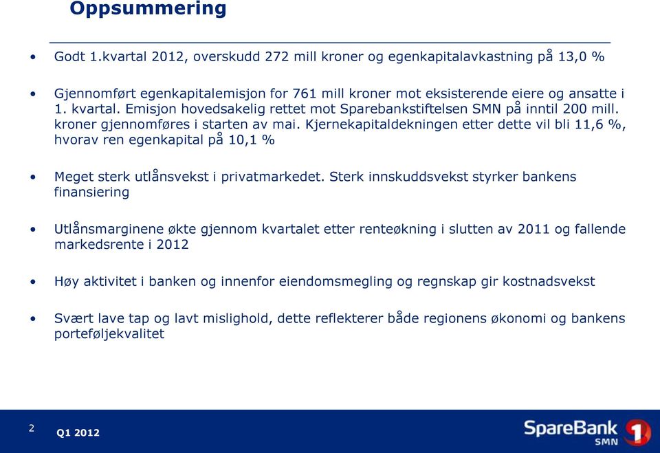 Kjernekapitaldekningen etter dette vil bli 11,6 %, hvorav ren egenkapital på 10,1 % Meget sterk utlånsvekst i privatmarkedet.