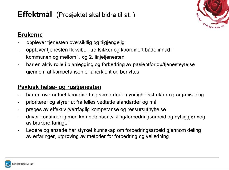 koordinert og samordnet myndighetsstruktur og organisering - prioriterer og styrer ut fra felles vedtatte standarder og mål - preges av effektiv tverrfaglig kompetanse og ressursutnyttelse - driver