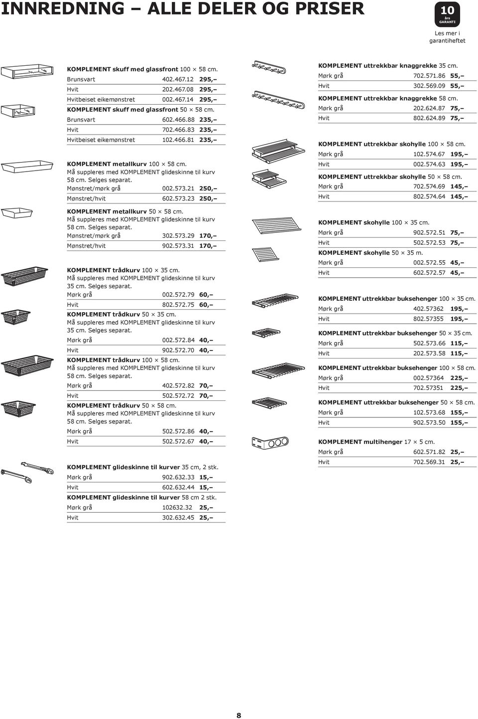 Mønstret/mørk grå 002.573.21 250, Mønstret/hvit 602.573.23 250, KOMPLEMENT metallkurv 50 58 cm. Må suppleres med KOMPLEMENT glideskinne til kurv 58 cm. Selges separat. Mønstret/mørk grå 302.573.29 170, Mønstret/hvit 902.