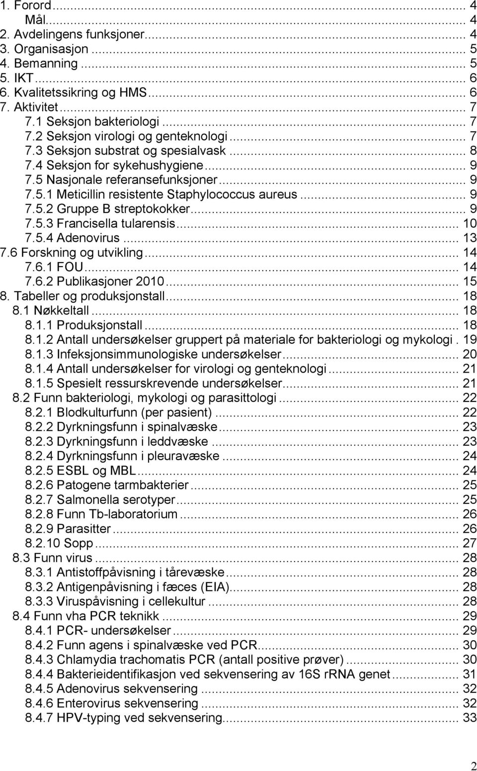 .. 9 7.5.3 Francisella tularensis... 10 7.5.4 Adenovirus... 13 7.6 Forskning og utvikling... 14 7.6.1 FOU... 14 7.6.2 Publikasjoner 2010... 15 8. Tabeller og produksjonstall... 18 8.1 Nøkkeltall.