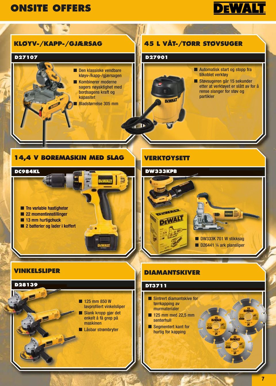 VERKTØYSETT DC984KL DW333KPB Tre variable hastigheter 22 momentinnstillinger 13 mm hurtigchuck 2 batterier og lader i koffert DW333K 701 W stikksag D26441 ¼ ark plansliper VINKELSLIPER DIAMANTSKIVER