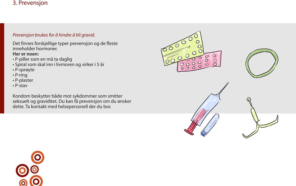 Her er noen: P-piller som en må ta daglig Spiral som skal inn i livmoren og virker i 5 år P-sprøyte
