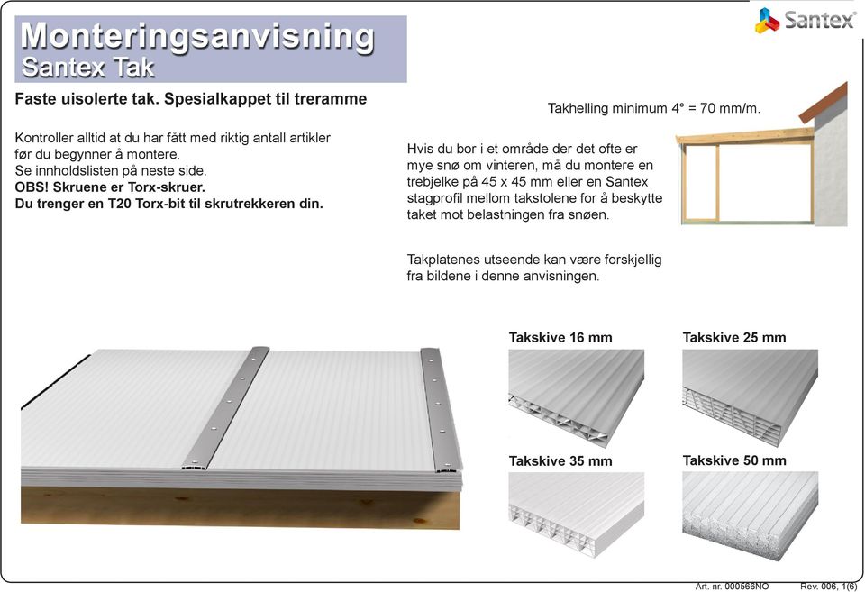 Hvis du bor i et område der det ofte er mye snø om vinteren, må du montere en trebjelke på 45 x 45 mm eller en Santex stagprofil mellom takstolene for å