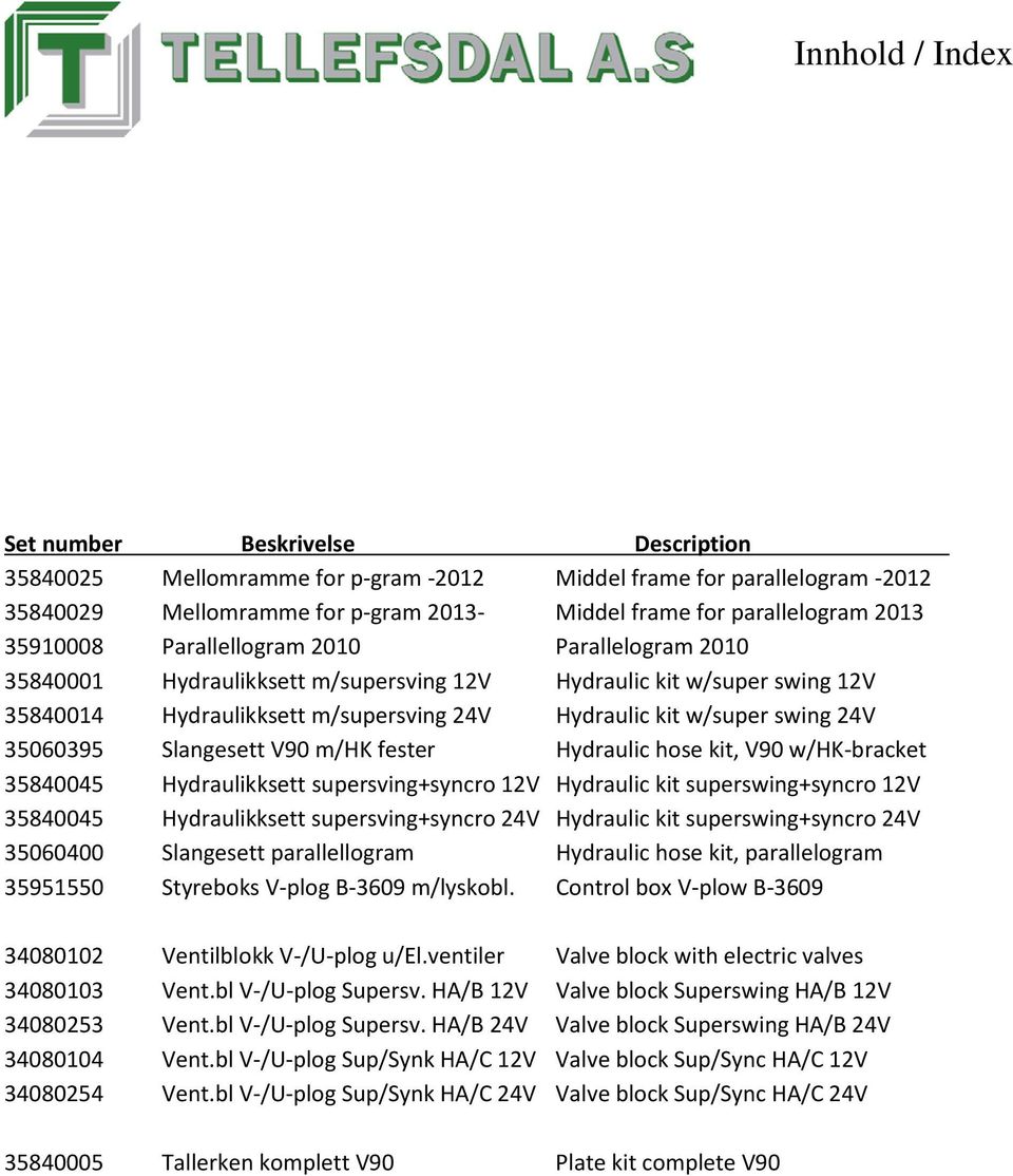 35060395 Slangesett V90 m/hk fester Hydraulic hose kit, V90 w/hk-bracket 35840045 Hydraulikksett supersving+syncro 12V Hydraulic kit superswing+syncro 12V 35840045 Hydraulikksett supersving+syncro