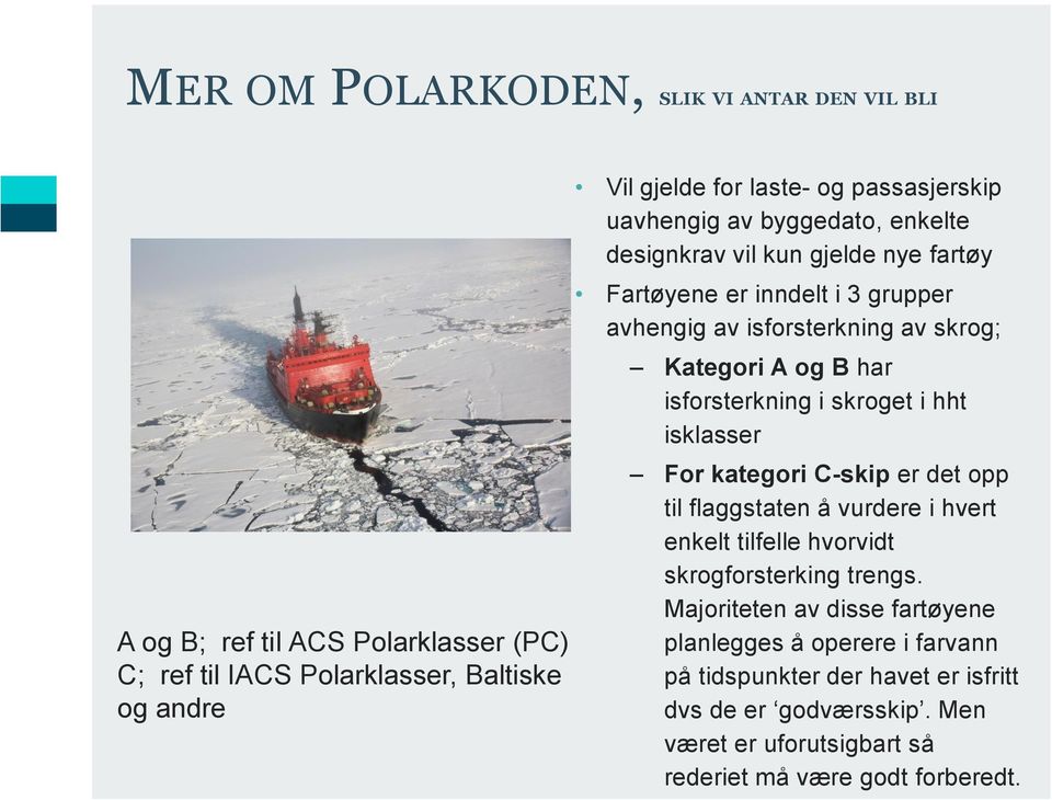 B har isforsterkning i skroget i hht isklasser For kategori C-skip er det opp til flaggstaten å vurdere i hvert enkelt tilfelle hvorvidt skrogforsterking trengs.