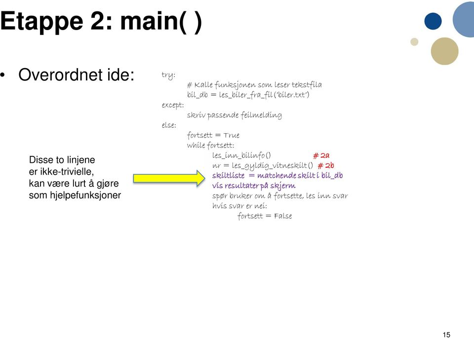 txt ) except: skriv passende feilmelding else: fortsett = True while fortsett: les_inn_bilinfo() # 2a nr =