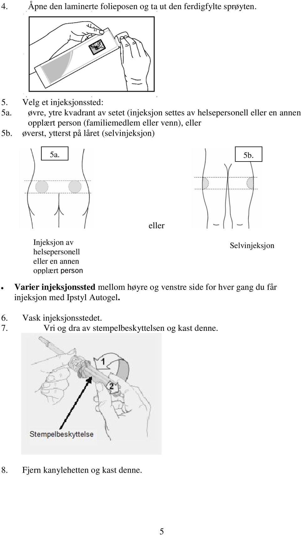 øverst, ytterst på låret (selvinjeksjon) 5a. 5b.