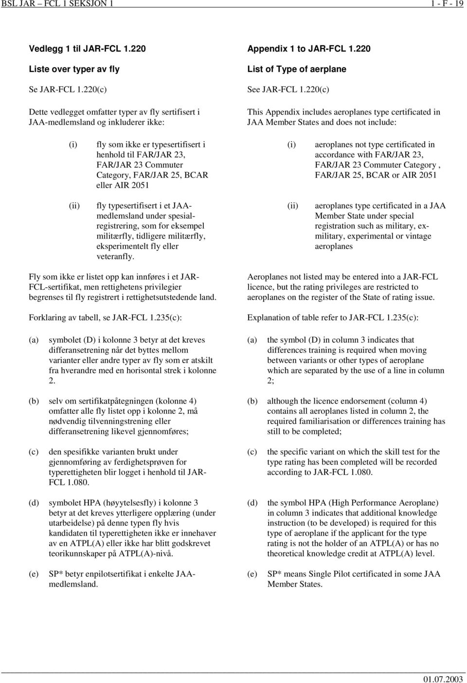 220(c) This Appendix includes aeroplanes type certificated in JAA Member States and does not include: (i) fly som ikke er typesertifisert i henhold til FAR/JAR 23, FAR/JAR 23 Commuter Category,
