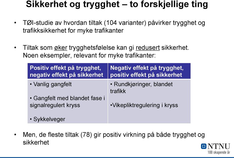 Noen eksempler, relevant for myke trafikanter: Positiv effekt på trygghet, negativ effekt på sikkerhet Vanlig gangfelt Gangfelt med blandet fase