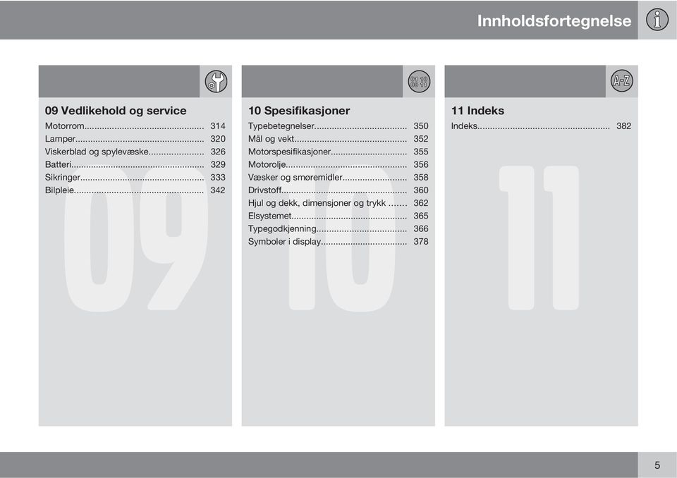 .. 350 Mål og vekt... 352 11 Motorspesifikasjoner... 355 Motorolje... 356 Væsker og smøremidler... 358 Drivstoff.