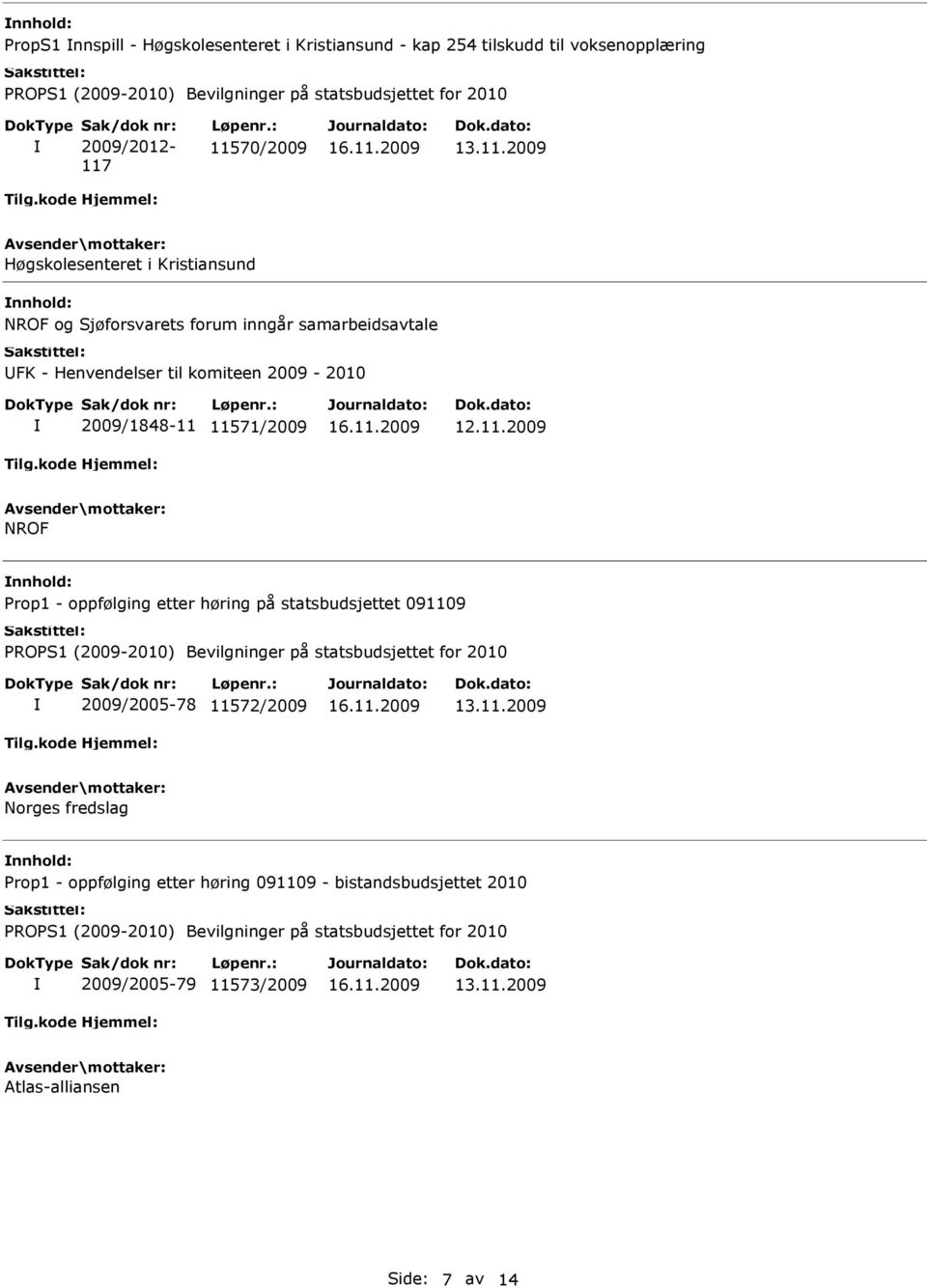 2009-2010 2009/1848-11 11571/2009 NROF Prop1 - oppfølging etter høring på statsbudsjettet 091109 2009/2005-78 11572/2009