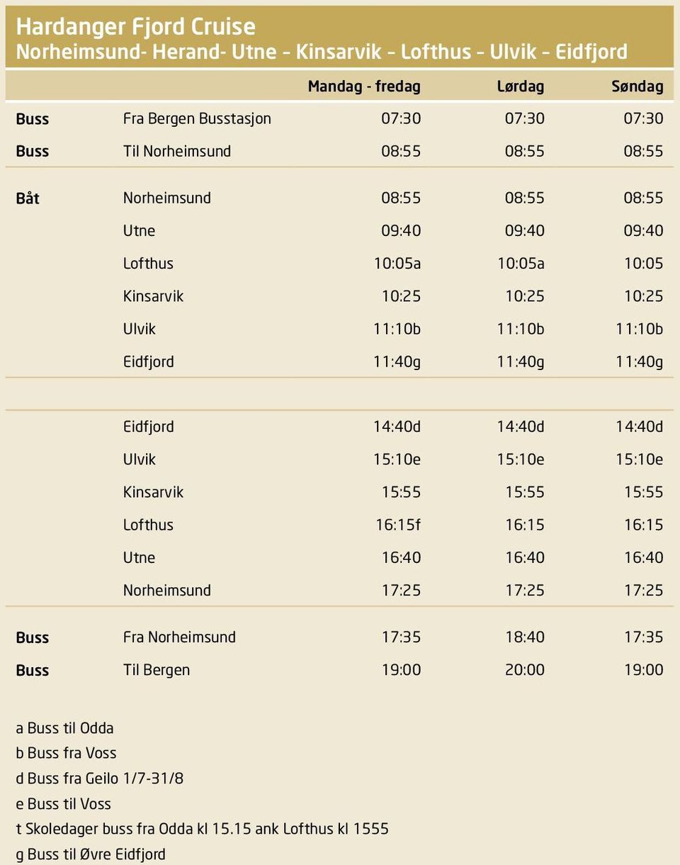 14:40d 14:40d 14:40d Ulvik 15:10e 15:10e 15:10e Kinsarvik 15:55 15:55 15:55 Lofthus 16:15f 16:15 16:15 Utne 16:40 16:40 16:40 Norheimsund 17:25 17:25 17:25 Buss Fra Norheimsund 17:35 18:40