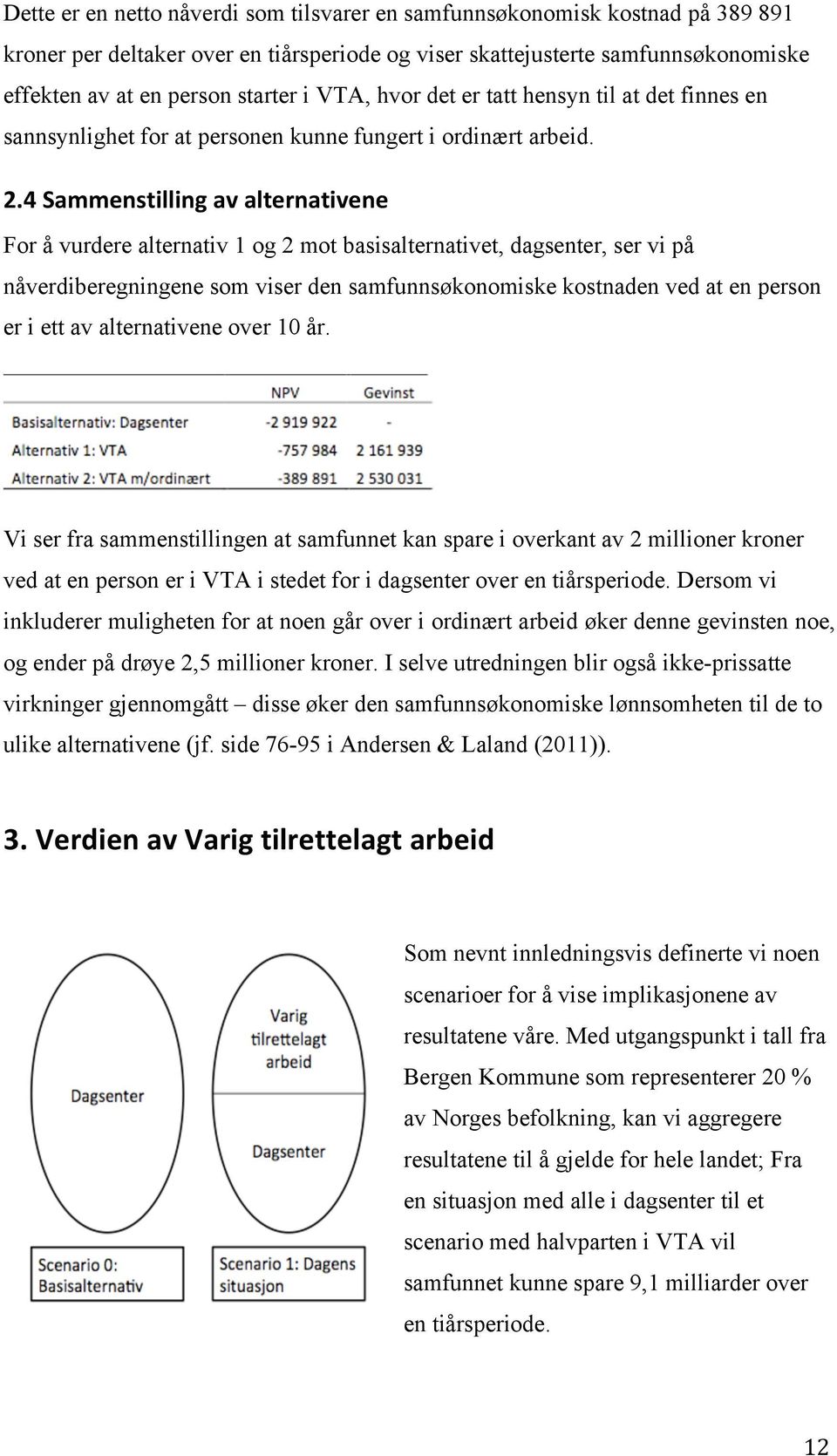 4 Sammenstilling av alternativene For å vurdere alternativ 1 og 2 mot basisalternativet, dagsenter, ser vi på nåverdiberegningene som viser den samfunnsøkonomiske kostnaden ved at en person er i ett