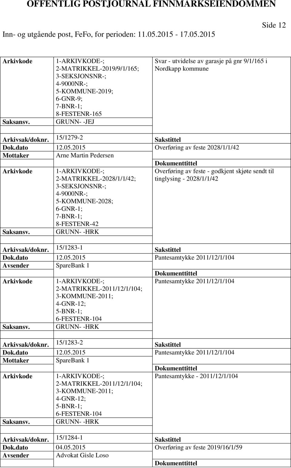 2015 Overføring av feste 2028/1/1/42 Mottaker Arne Martin Pedersen 2-MATRIKKEL-2028/1/1/42; Overføring av feste - godkjent skjøte sendt til tinglysing - 2028/1/1/42 3-SEKSJONSNR-; 4-9000NR-;