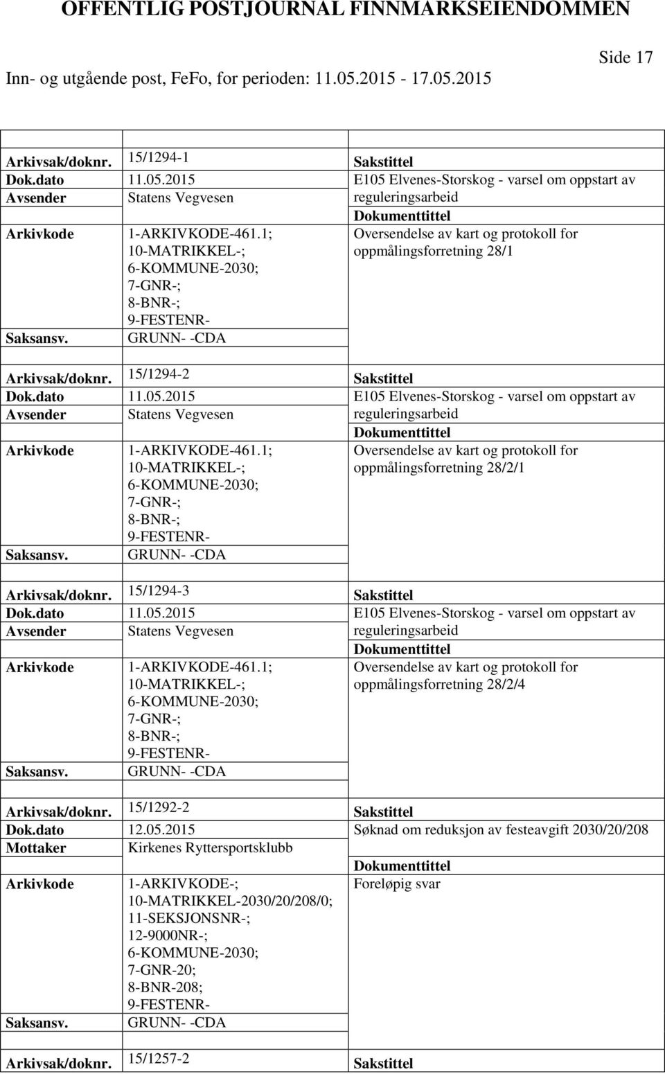 2015 E105 Elvenes-Storskog - varsel om oppstart av Avsender Statens Vegvesen reguleringsarbeid 1-ARKIVKODE-461.