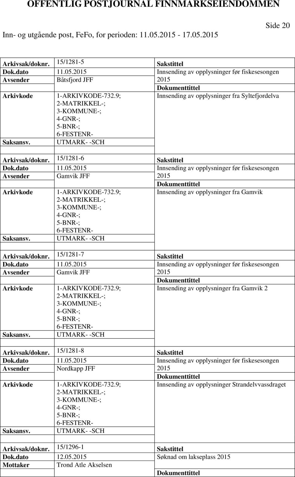 2015 Innsending av opplysninger før fiskesesongen Avsender Gamvik JFF 2015 1-ARKIVKODE-732.9; Innsending av opplysninger fra Gamvik UTMARK- -SCH Arkivsak/doknr. 15/1281-7 Sakstittel Dok.dato 11.05.