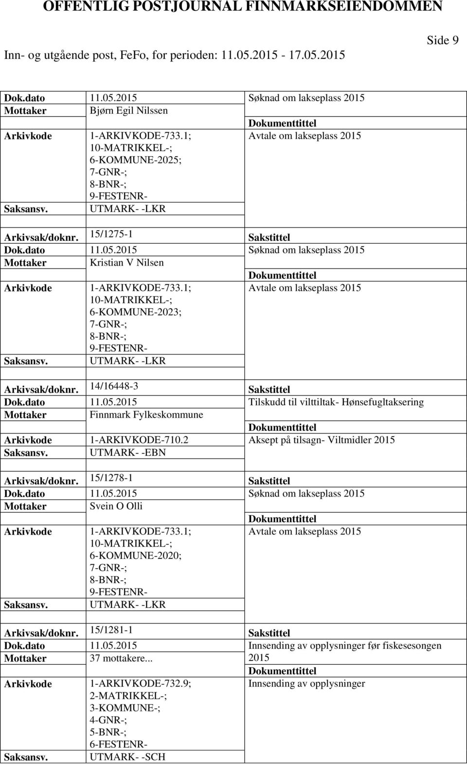 2 Aksept på tilsagn- Viltmidler 2015 UTMARK- -EBN Arkivsak/doknr. 15/1278-1 Sakstittel Dok.dato 11.05.2015 Søknad om lakseplass 2015 Mottaker Svein O Olli 1-ARKIVKODE-733.