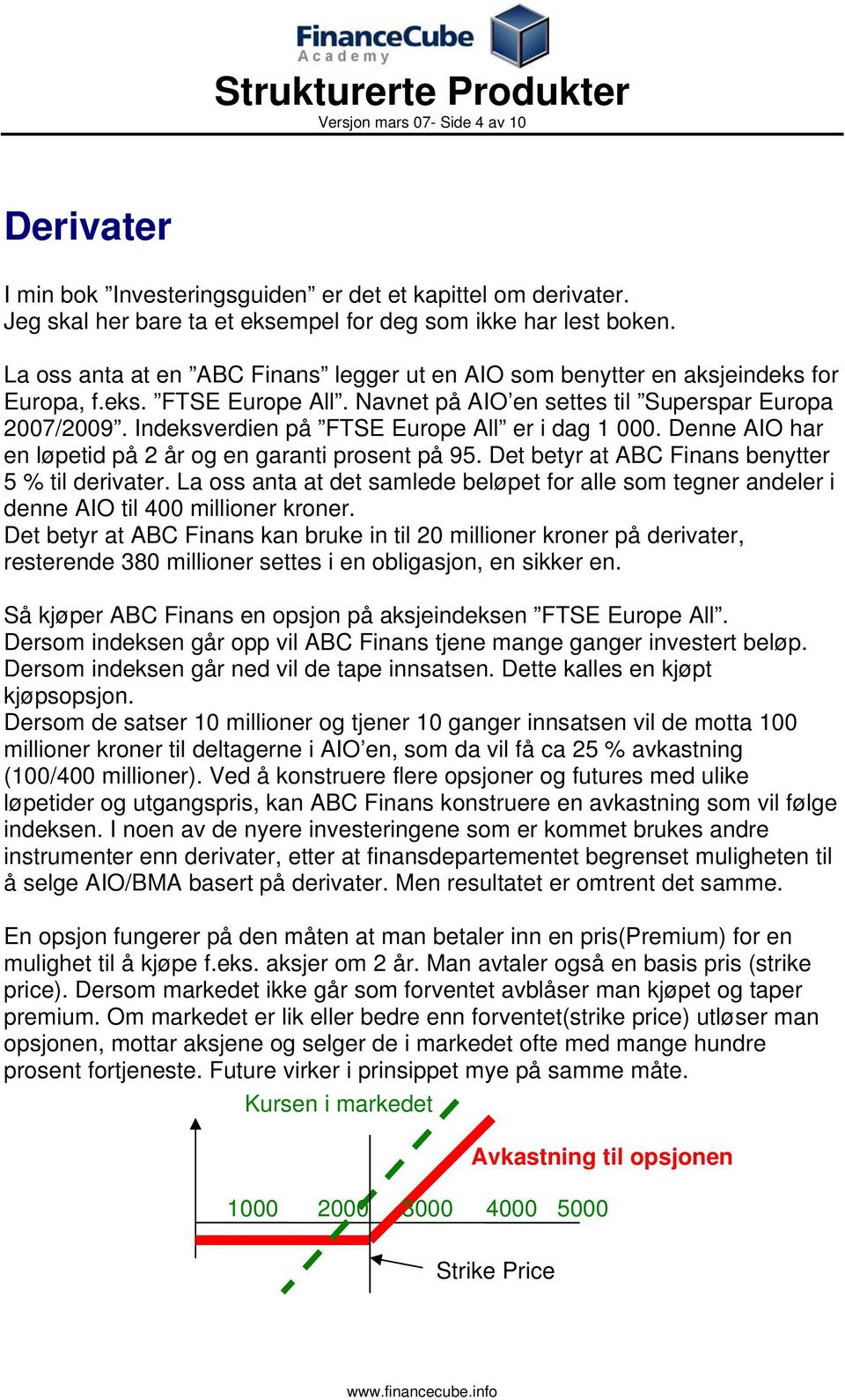 Indeksverdien på FTSE Europe All er i dag 1 000. Denne AIO har en løpetid på 2 år og en garanti prosent på 95. Det betyr at ABC Finans benytter 5 % til derivater.