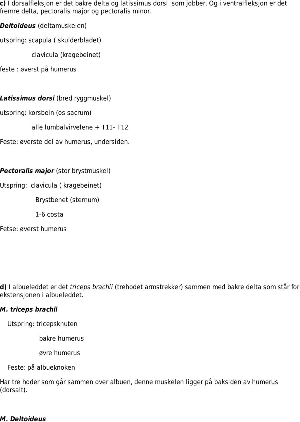 + T11- T12 Feste: øverste del av humerus, undersiden.