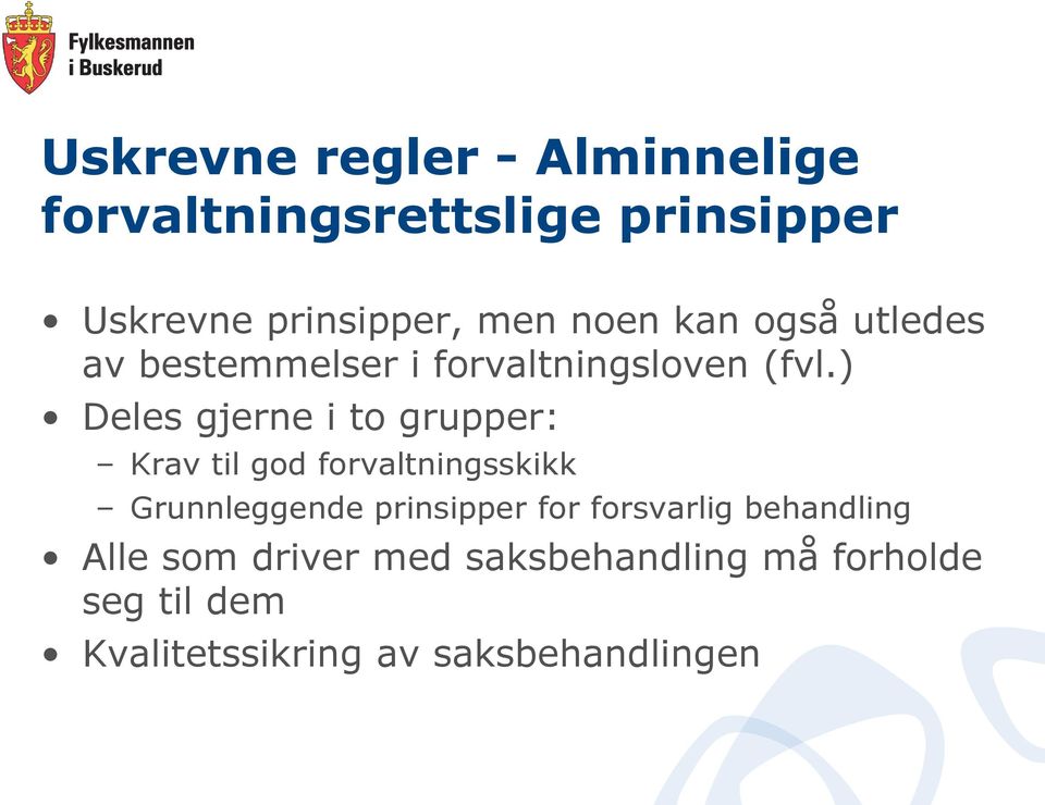 ) Deles gjerne i to grupper: Krav til god forvaltningsskikk Grunnleggende prinsipper for