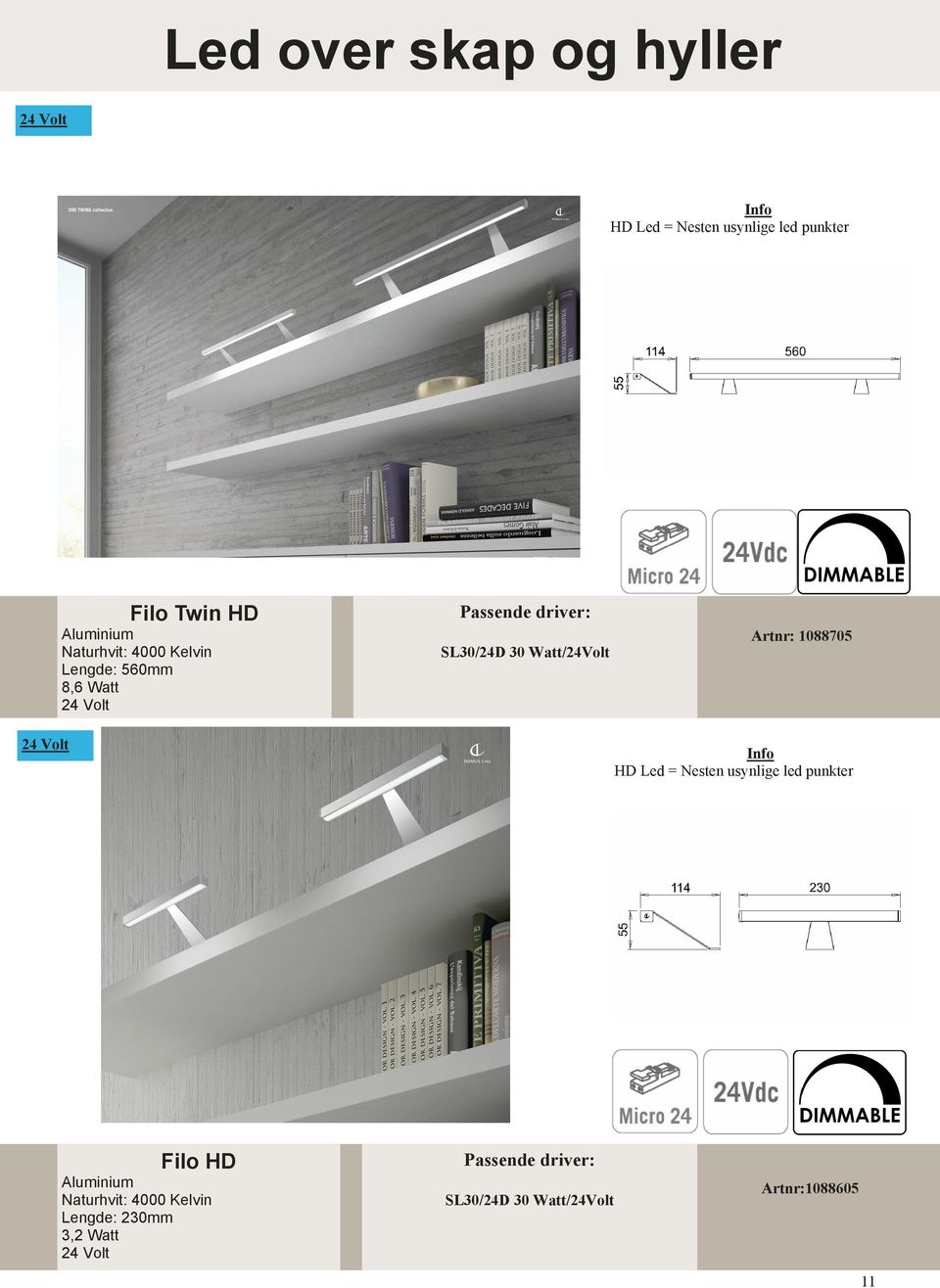 30 Watt/24Volt 1088705 Info HD Led = Nesten usynlige led punkter Filo HD Aluminium Naturhvit: