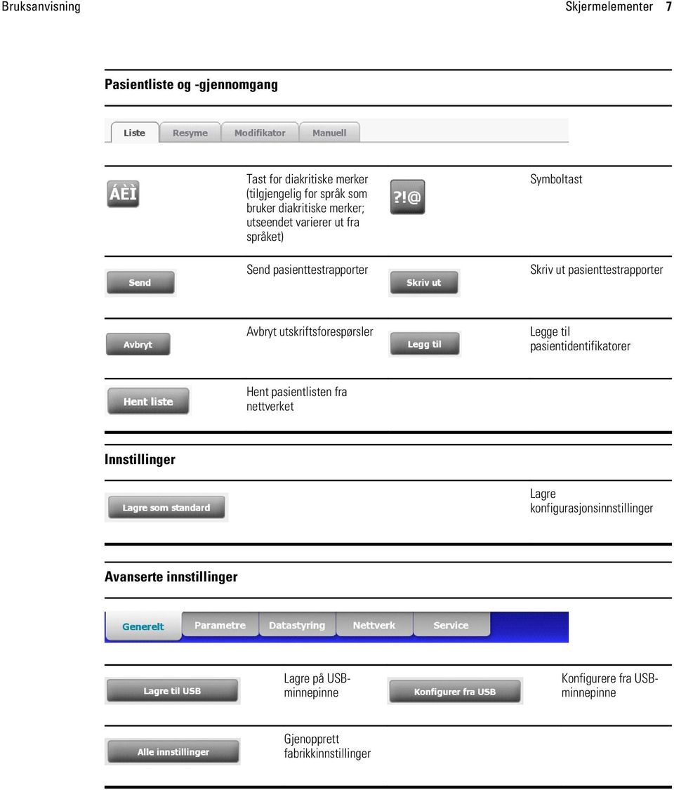 Avbryt utskriftsforespørsler Legge til pasientidentifikatorer Hent pasientlisten fra nettverket Innstillinger Lagre