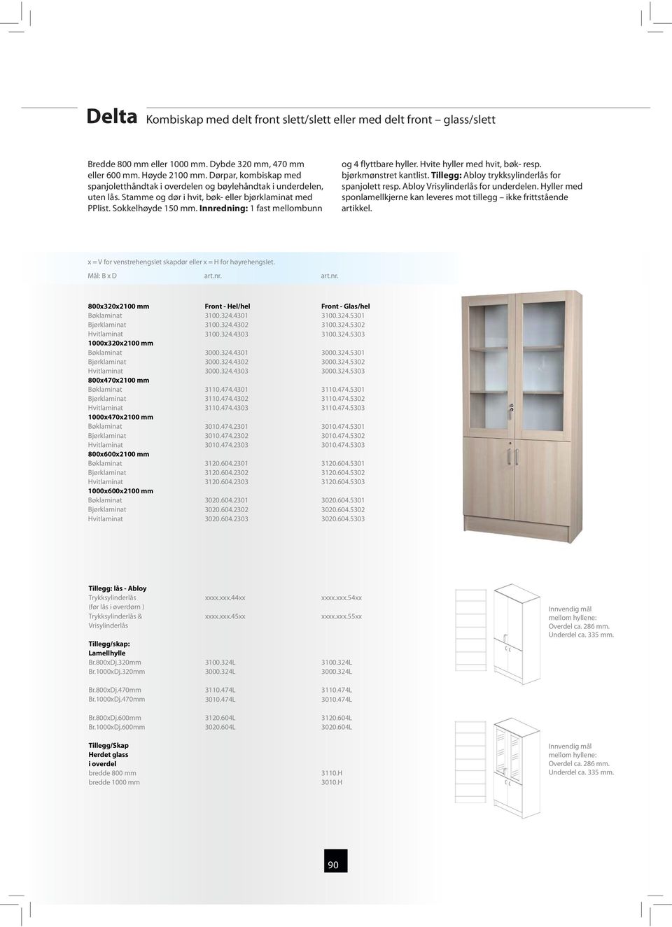 Innredning: 1 fast mellombunn og 4 flyttbare hyller. Hvite hyller med hvit, bøk- resp. bjørkmønstret kantlist. Tillegg: Abloy trykksylinderlås for spanjolett resp. Abloy Vrisylinderlås for underdelen.