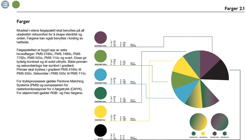 Disse gir tydelig kontrast og et solid uttrykk. Både primærog sekundærlogo har symbol i gradient. Primær skal trykkes i gradient PMS 5195c til PMS 555c. Sekundær i PMS 555c til PMS 114c.