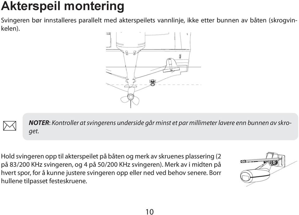 Hold svingeren opp til akterspeilet på båten og merk av skruenes plassering (2 på 83/200 KHz svingeren, og 4 på 50/200 KHz