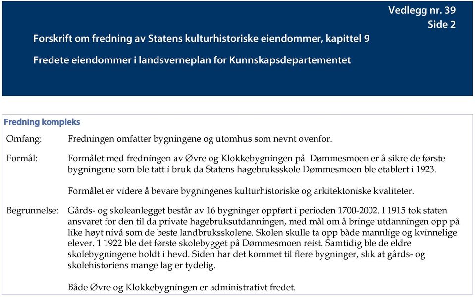 Formålet er videre å bevare bygningenes kulturhistoriske og arkitektoniske kvaliteter. Gårds- og skoleanlegget består av 16 bygninger oppført i perioden 1700-2002.