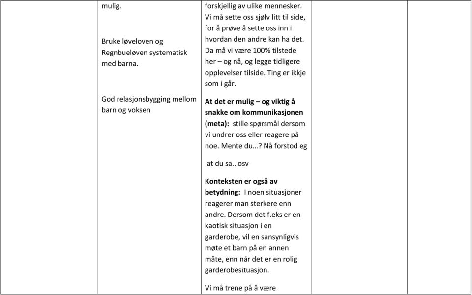 Ting er ikkje som i går. At det er mulig og viktig å snakke om kommunikasjonen (meta): stille spørsmål dersom vi undrer oss eller reagere på noe. Mente du? Nå forstod eg at du sa.