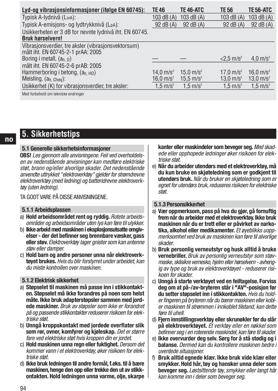 EN 60745-- praa: 005 Boring i metall, (a h, D) <,5 m/s 4,0 m/s målt iht.