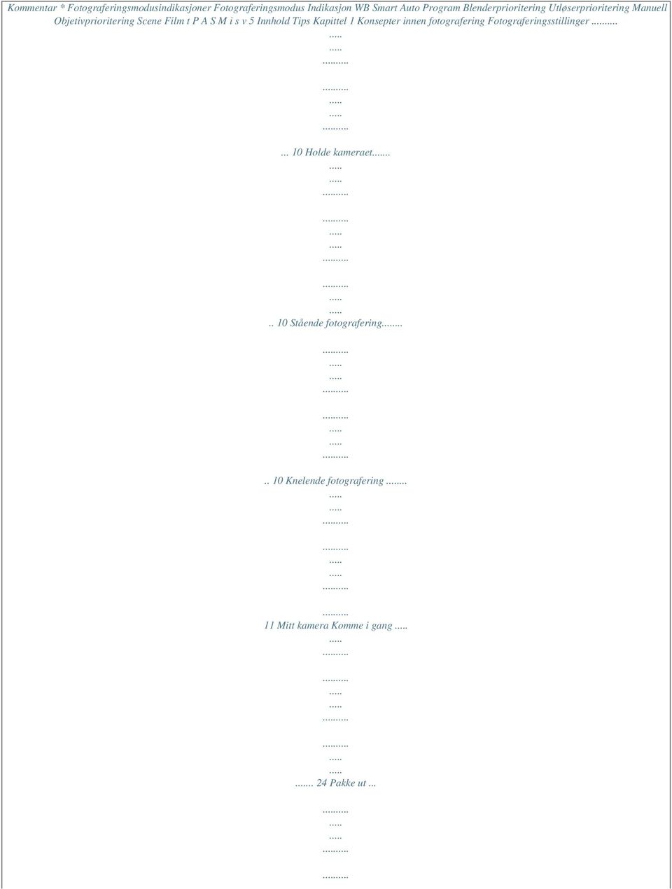 Innhold Tips Kapittel 1 Konsepter innen fotografering Fotograferingsstillinger... 10 Holde kameraet.