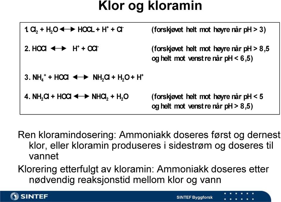 NH 2 Cl + HOCl NHCl 2 + H 2 O (forskjøvet helt mot høyre når ph < 5 og helt mot venst re når ph > 8,5) Ren kloramindosering: Ammoniakk