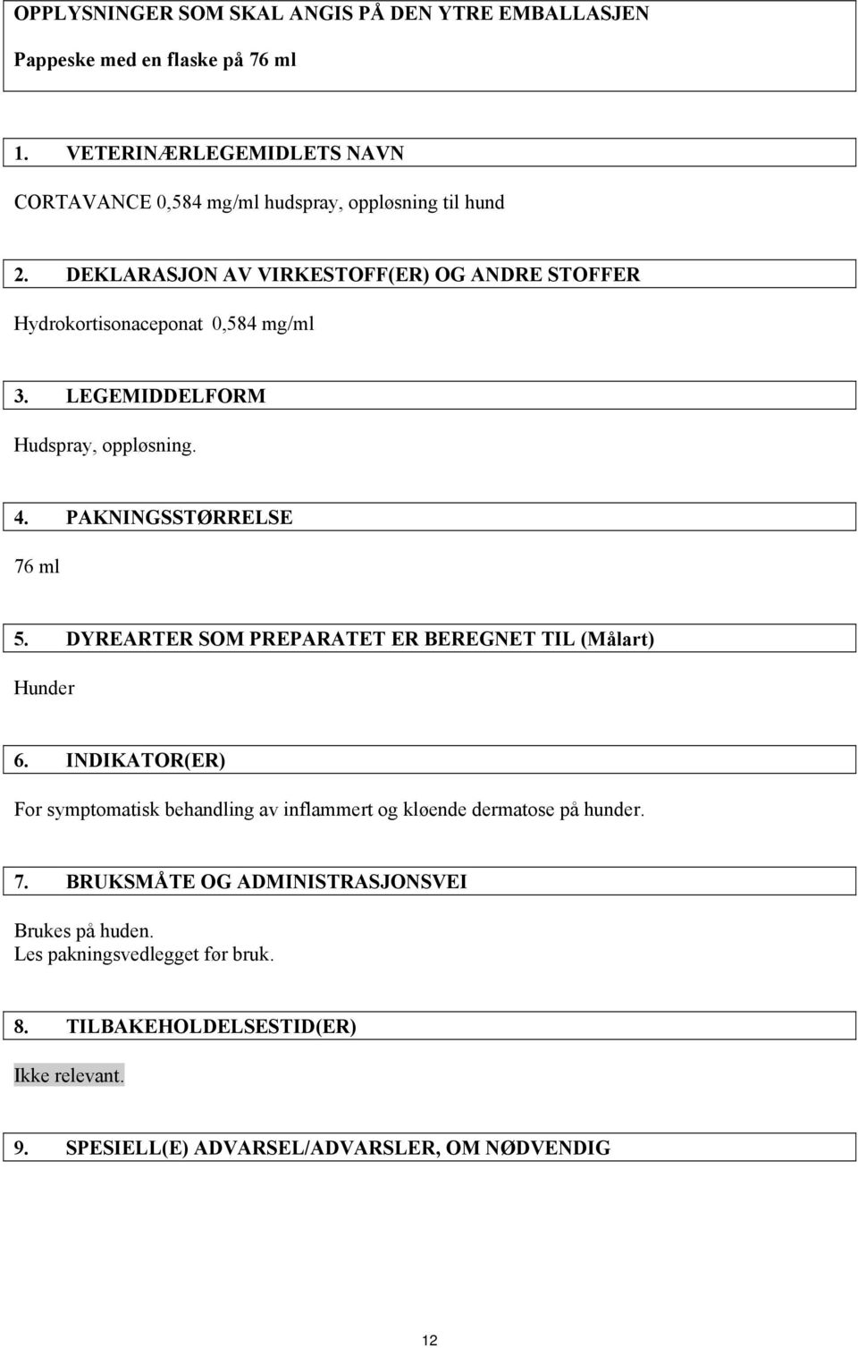 DEKLARASJON AV VIRKESTOFF(ER) OG ANDRE STOFFER Hydrokortisonaceponat 0,584 mg/ml 3. LEGEMIDDELFORM Hudspray, oppløsning. 4. PAKNINGSSTØRRELSE 76 ml 5.