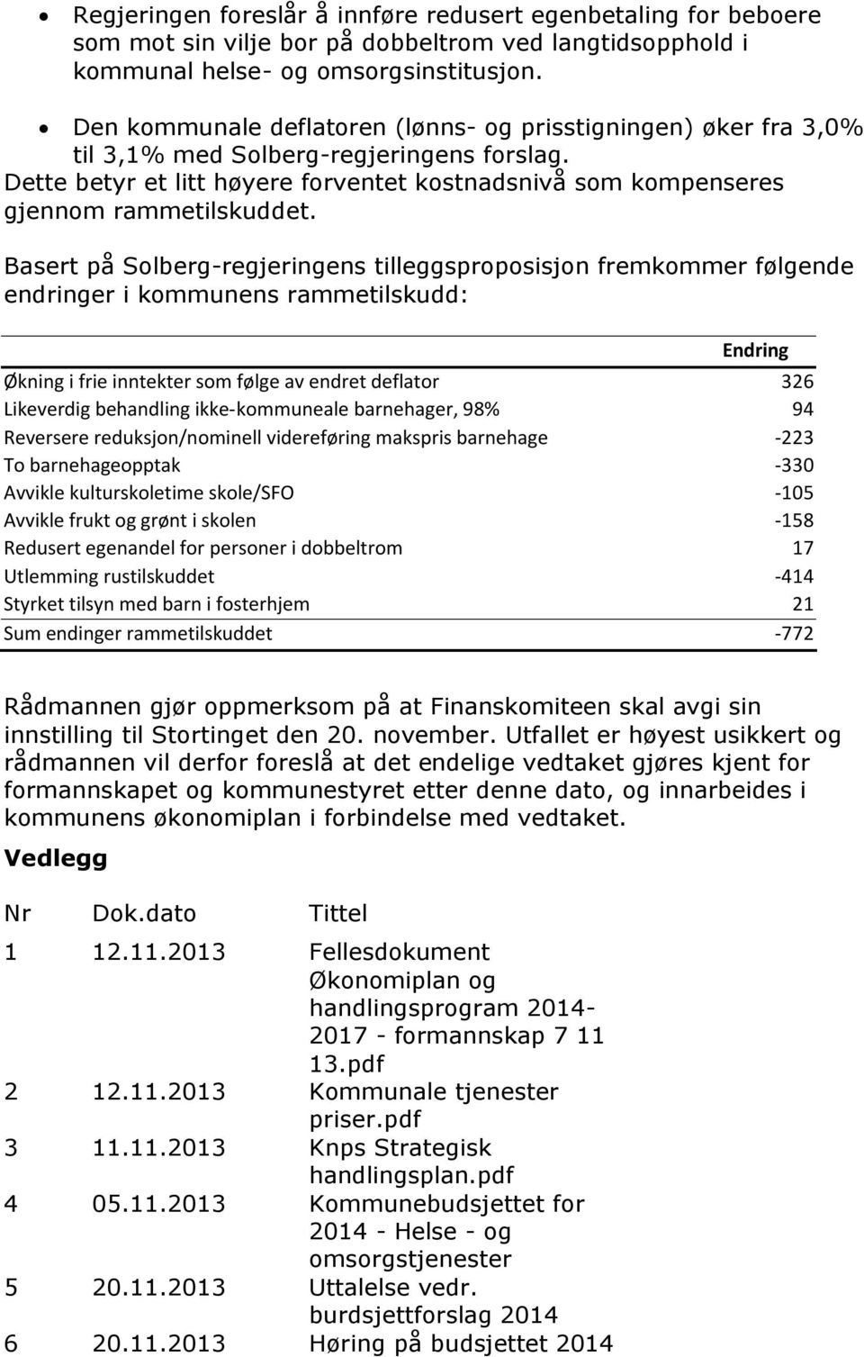 Basert på Solberg-regjeringens tilleggsproposisjon fremkommer følgende endringer i kommunens rammetilskudd: Endring Økning i frie inntekter som følge av endret deflator 326 Likeverdig behandling