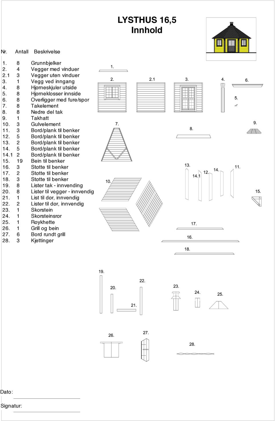 5 Bord/plank til benker 14.1 2 Bord/plank til benker 15. 19 Bein til benker 16. 3 Støtte til benker 17. 2 Støtte til benker 18. 3 Støtte til benker 19. 8 Lister tak - innvending 20.