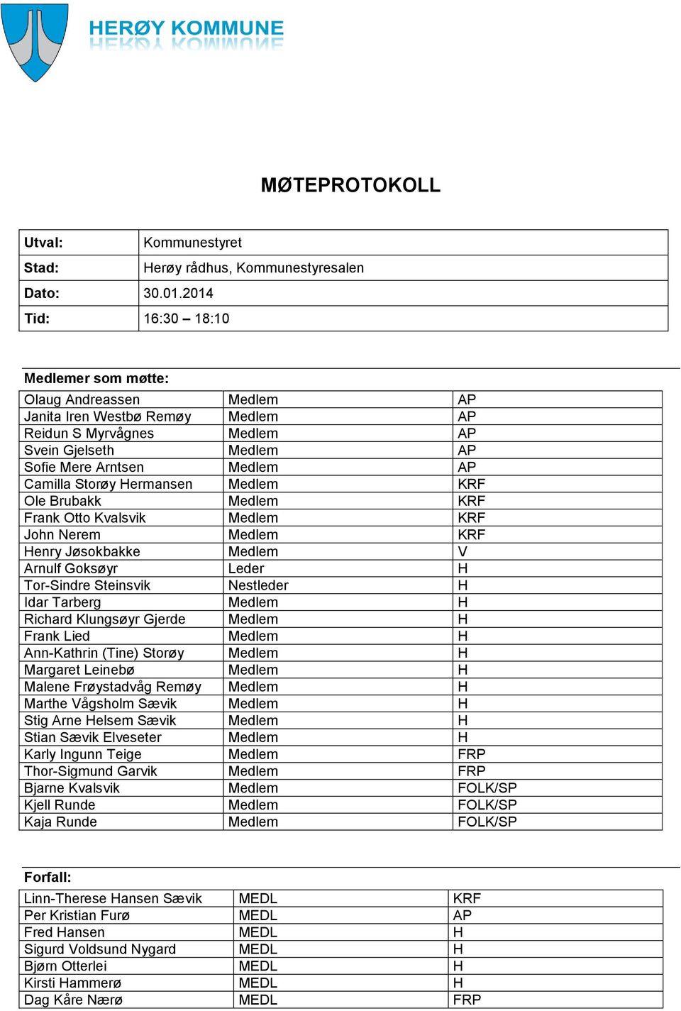 Storøy Hermansen Medlem KRF Ole Brubakk Medlem KRF Frank Otto Kvalsvik Medlem KRF John Nerem Medlem KRF Henry Jøsokbakke Medlem V Arnulf Goksøyr Leder H Tor-Sindre Steinsvik Nestleder H Idar Tarberg