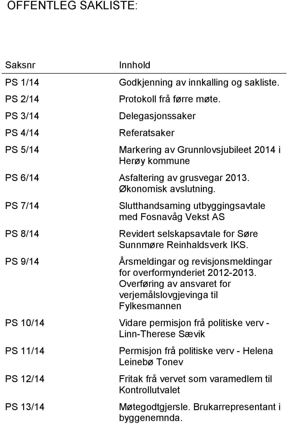 PS 7/14 PS 8/14 PS 9/14 Slutthandsaming utbyggingsavtale med Fosnavåg Vekst AS Revidert selskapsavtale for Søre Sunnmøre Reinhaldsverk IKS.