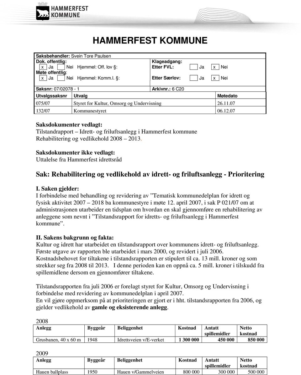 07 Saksdokumenter vedlagt: Tilstandrapport Idrett- og friluftsanlegg i Hammerfest kommune Rehabilitering og vedlikehold 2008 2013.