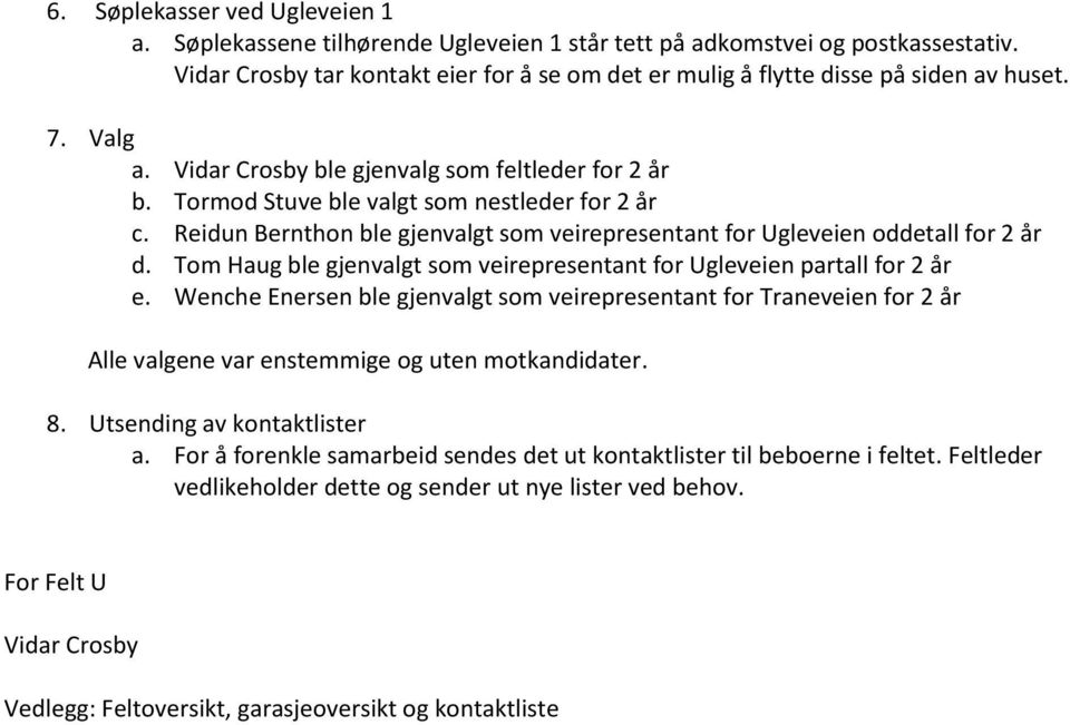 Reidun Bernthon ble gjenvalgt som veirepresentant for Ugleveien oddetall for 2 år d. Tom Haug ble gjenvalgt som veirepresentant for Ugleveien partall for 2 år e.