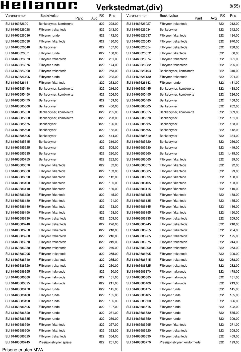 Benkebryner 822 157,00 SLI 61463626054 Filbryner trekantede 822 238,00 SLI 61463626071 Filbryner runde 822 158,00 SLI 61463626072 Filbryner firkantede 822 86,00 SLI 61463626073 Filbryner trekantede