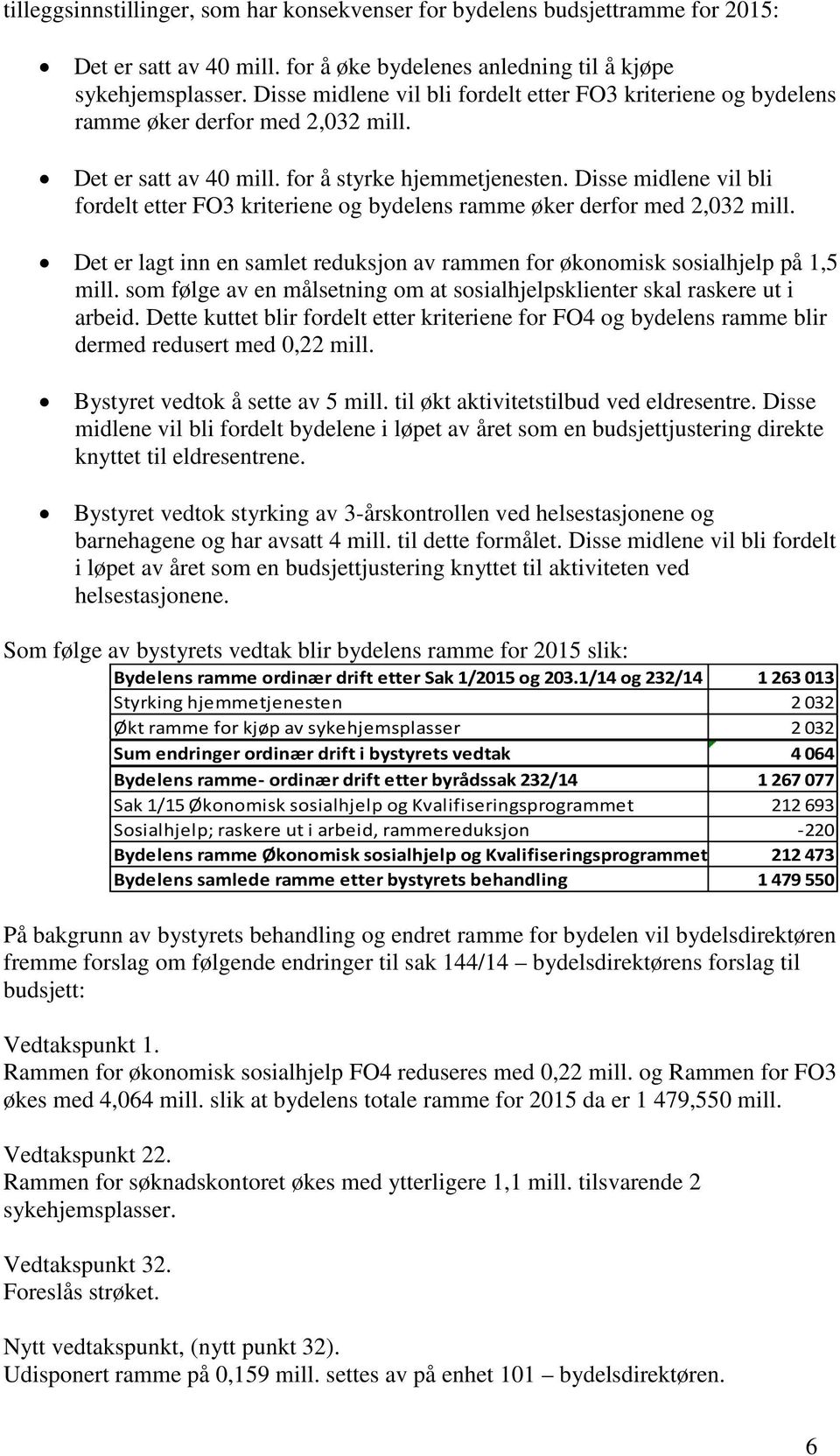 Disse midlene vil bli fordelt etter FO3 kriteriene og bydelens ramme øker derfor med 2,032 mill. Det er lagt inn en samlet reduksjon av rammen for økonomisk sosialhjelp på 1,5 mill.