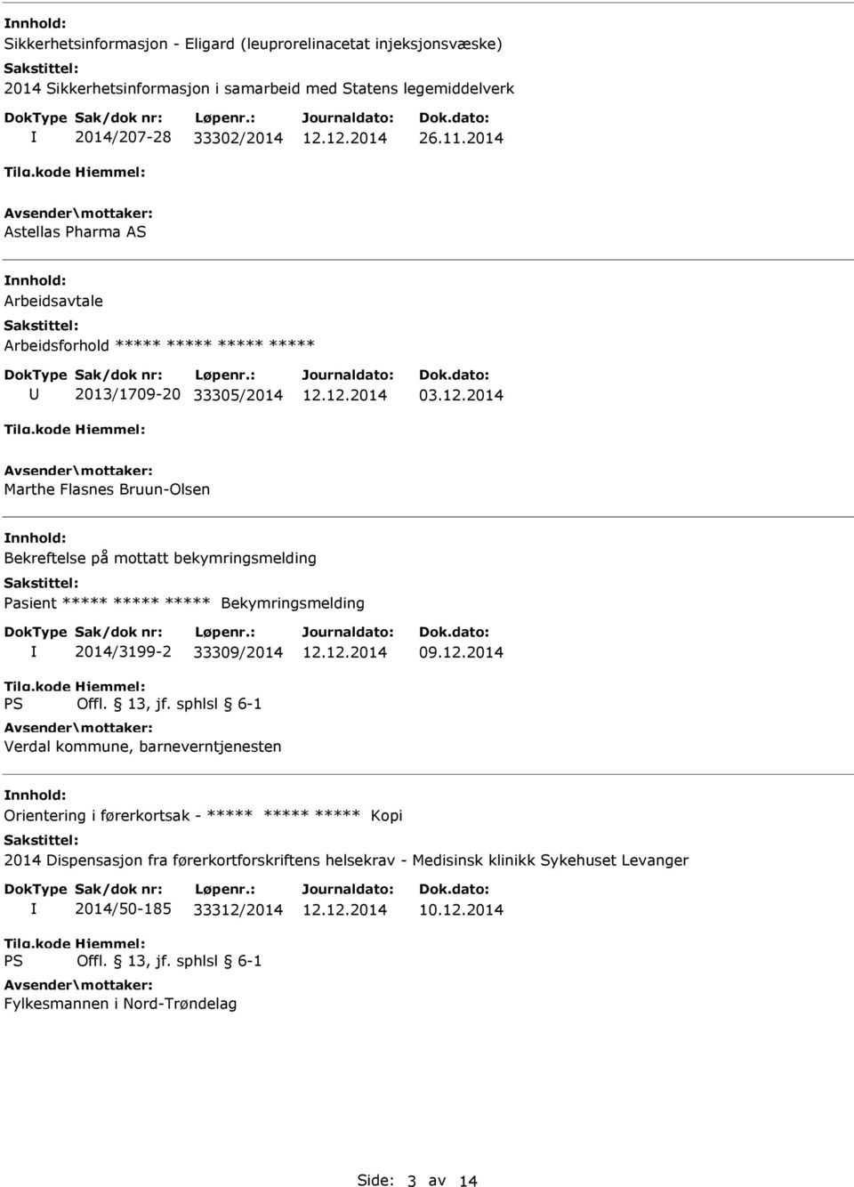 2014 Marthe Flasnes Bruun-Olsen Bekreftelse på mottatt bekymringsmelding Pasient ***** ***** ***** Bekymringsmelding 2014/3199-2 33309/2014 Verdal kommune,