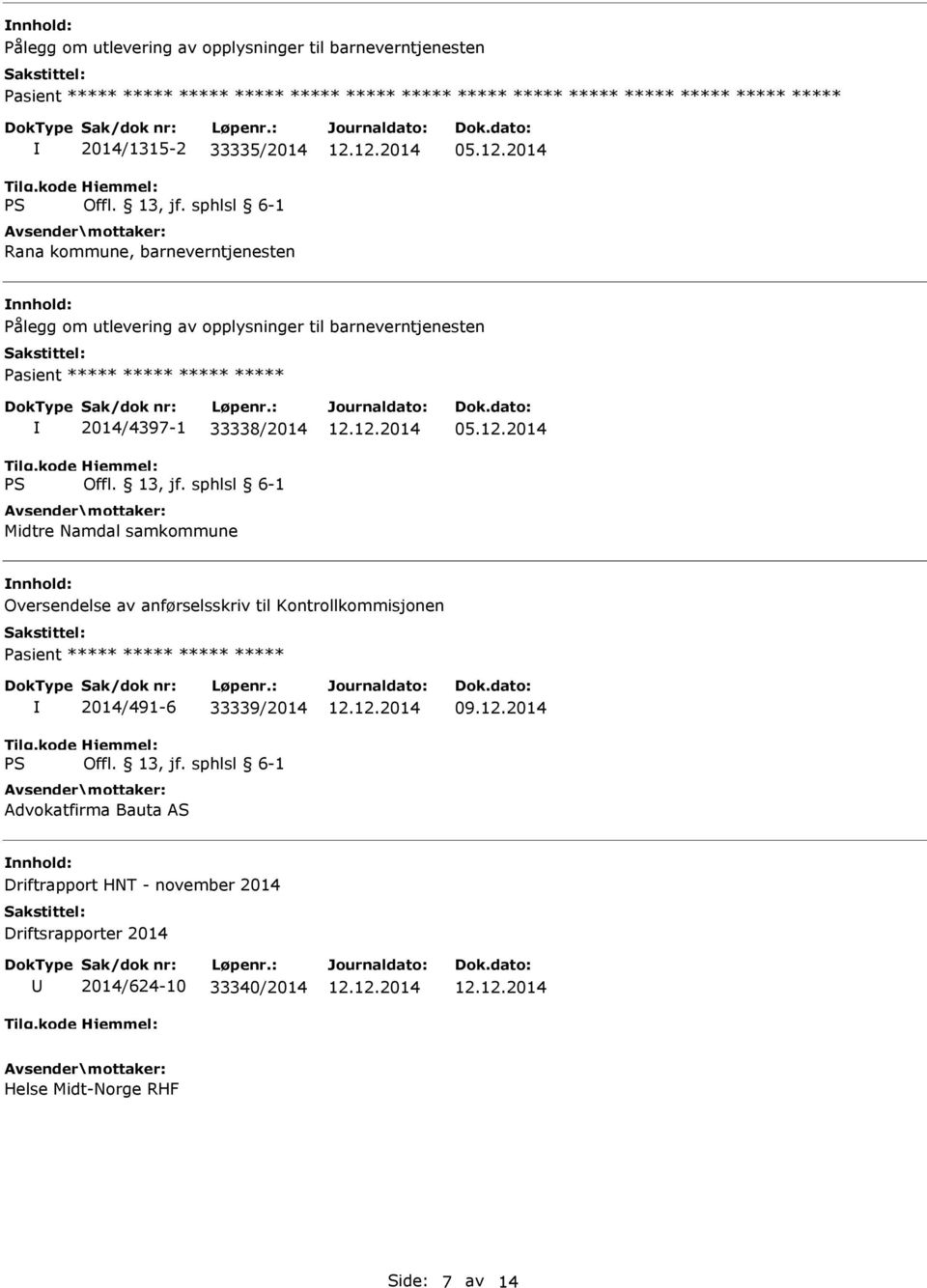 2014 Pålegg om utlevering av opplysninger til barneverntjenesten Pasient ***** ***** ***** ***** 2014/4397-1 33338/2014 Midtre Namdal samkommune 05.12.