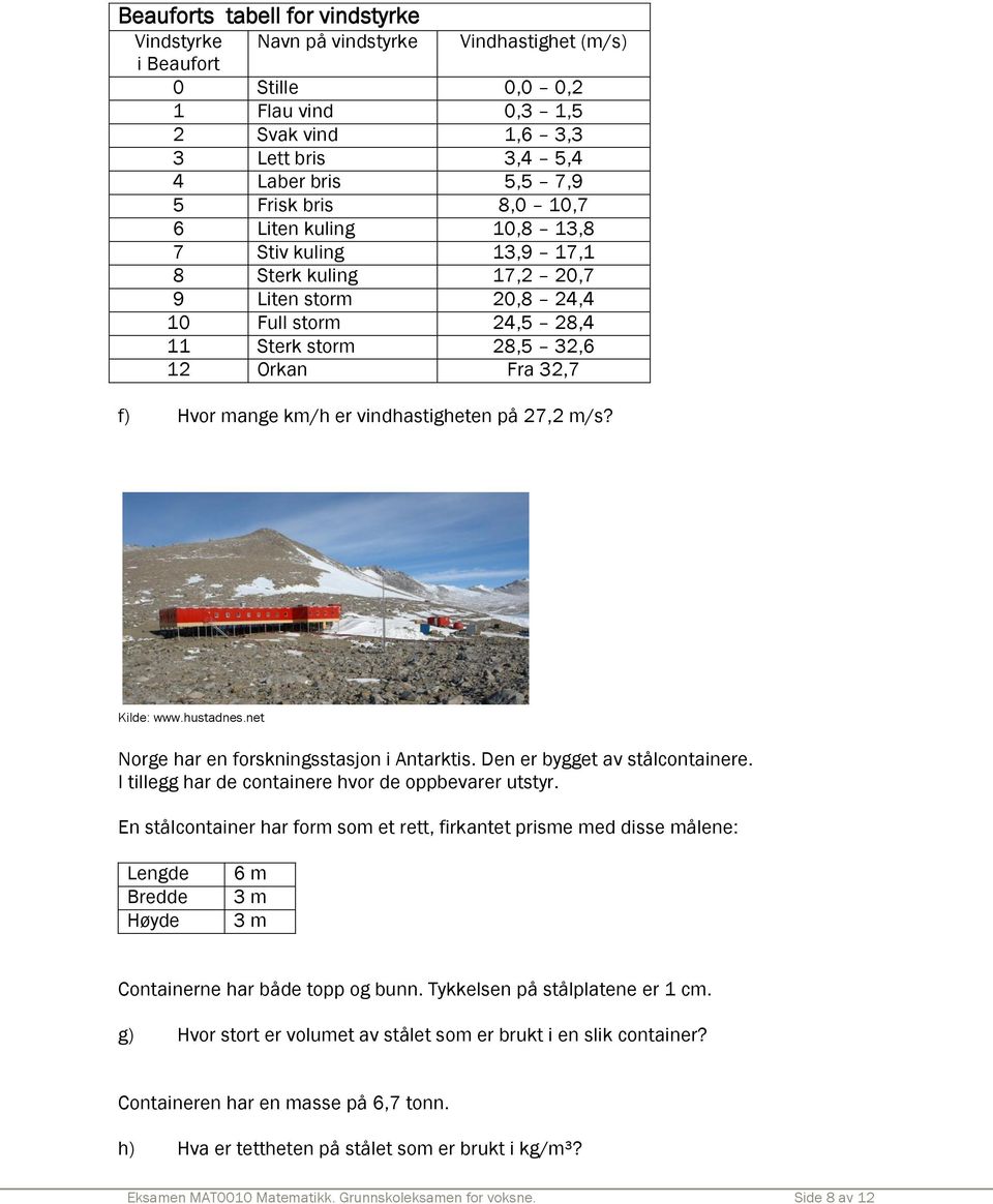 er vindhastigheten på 27,2 m/s? Kilde: www.hustadnes.net Norge har en forskningsstasjon i Antarktis. Den er bygget av stålcontainere. I tillegg har de containere hvor de oppbevarer utstyr.