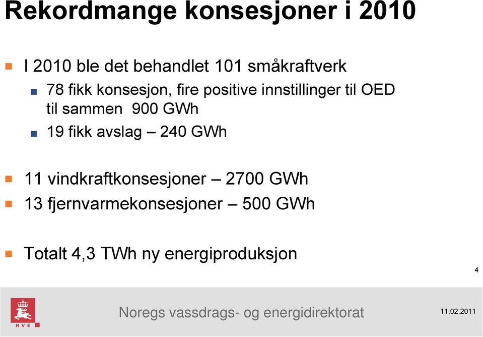 til sammen 900 GWh 19 fikk avslag 240 GWh 11 vindkraftkonsesjoner