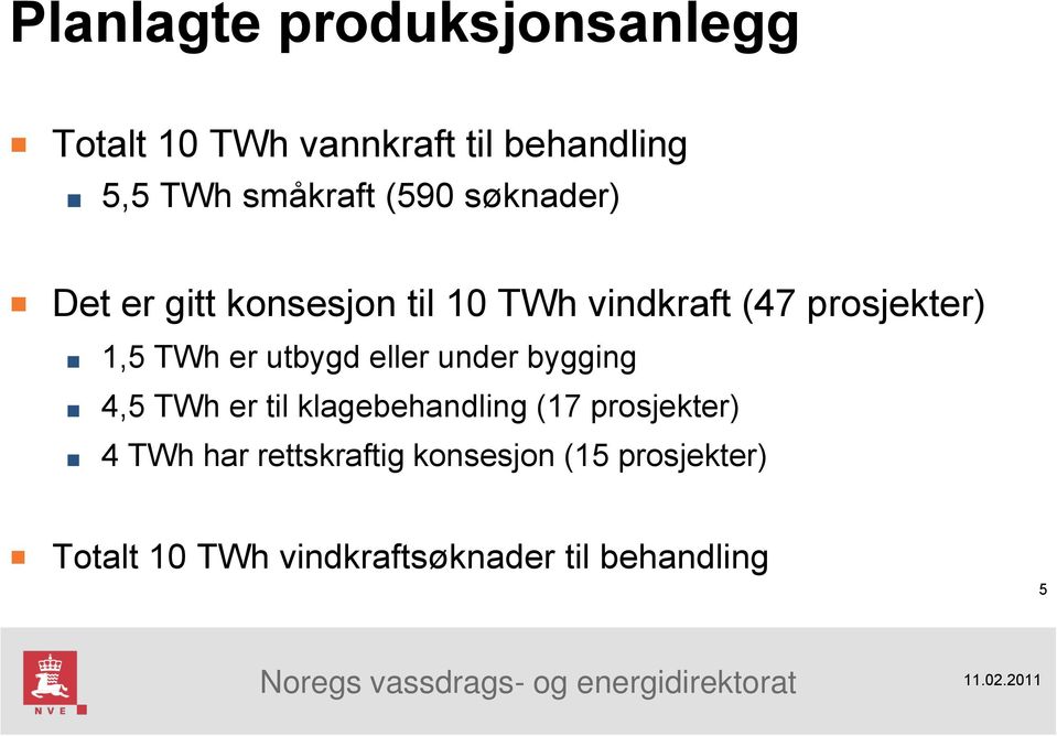 utbygd eller under bygging 4,5 TWh er til klagebehandling (17 prosjekter) 4 TWh har